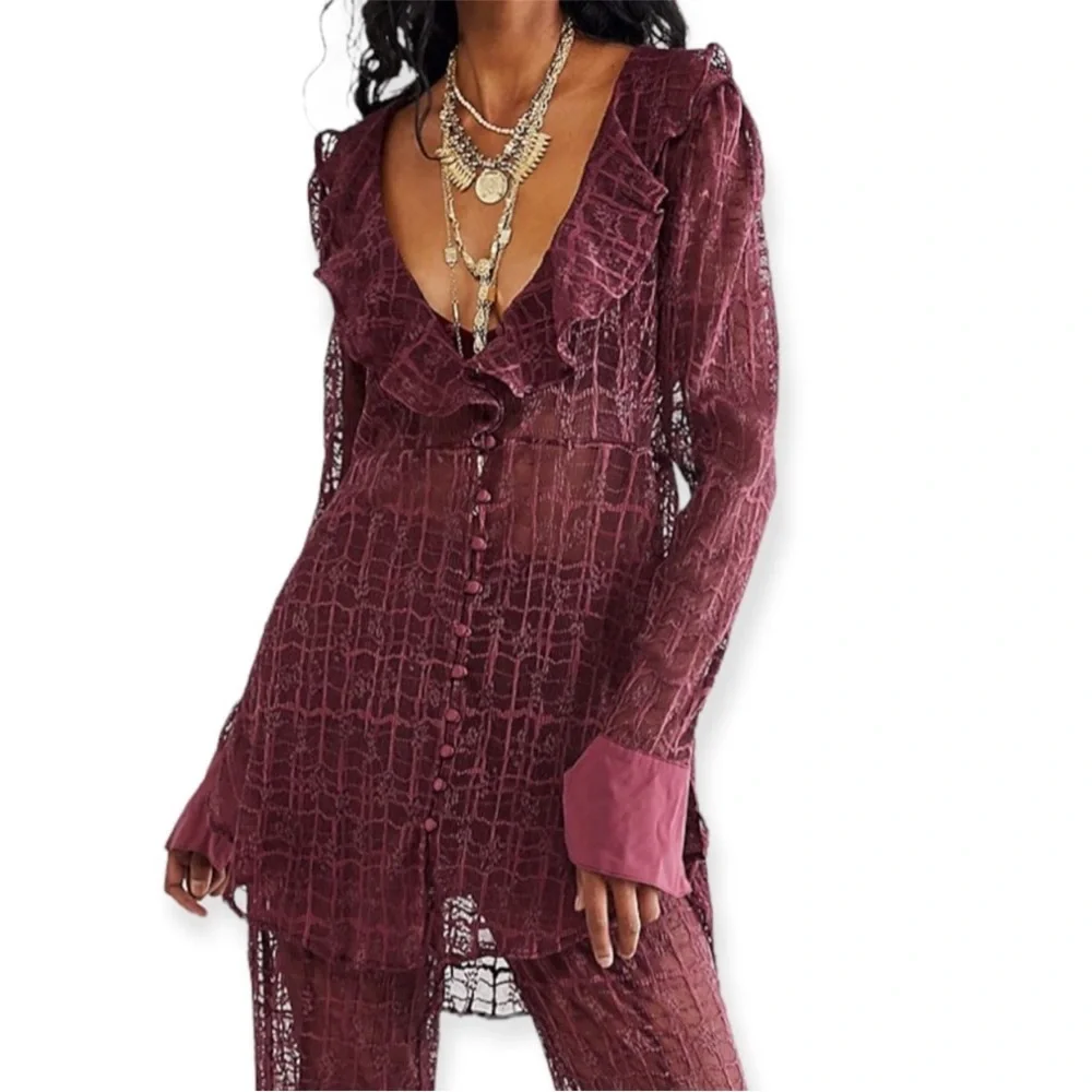 Free People Night Moves Lace Buttondown Top Blouse Romantic Size Small